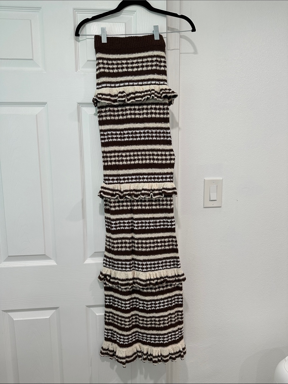 Tularosa Brown and Cream Striped Ruffle Maxi Skirt
